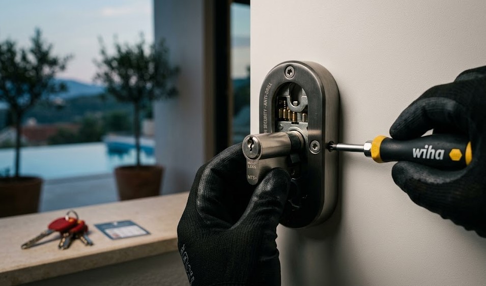 Especialista Cerrajero instalando cerradura anti-bumping de alta seguridad en la puerta de una villa en Playa de Aro